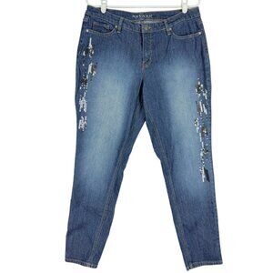 Hannah Women's Embellished Sequins Mid Rise Stretch Skinny Blue Jeans Size 12